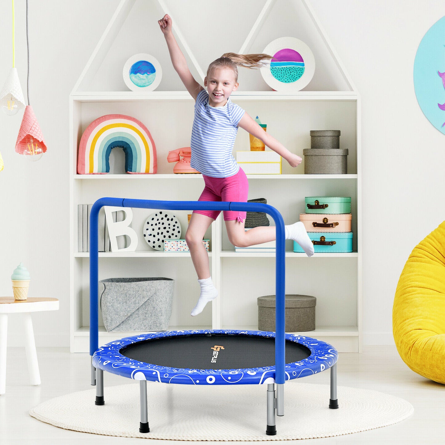 Child's Folding Trampoline with Padded Edge Cover and Full Covered Handle-Blue