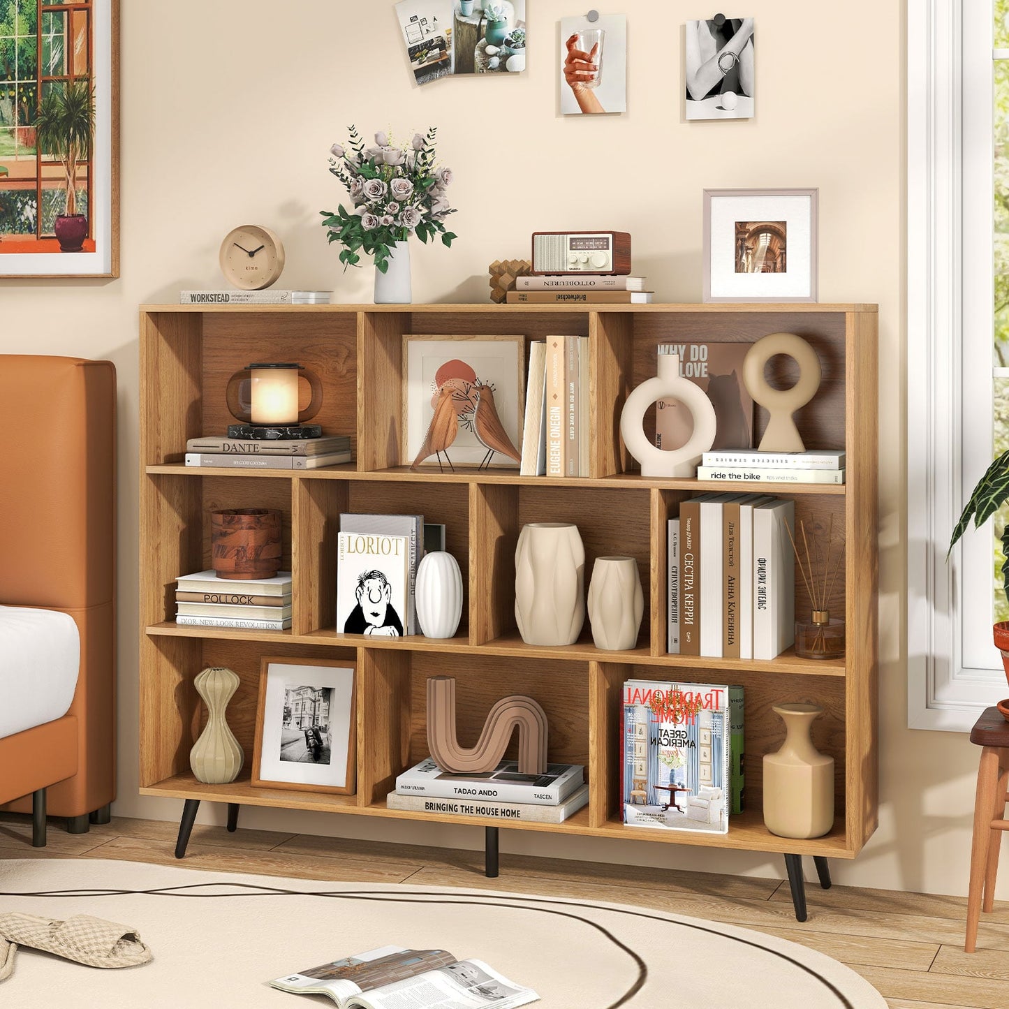 10-Cube Bookcase 140 CM Storage Organizer with 5 Tapered Metal Legs-Natural