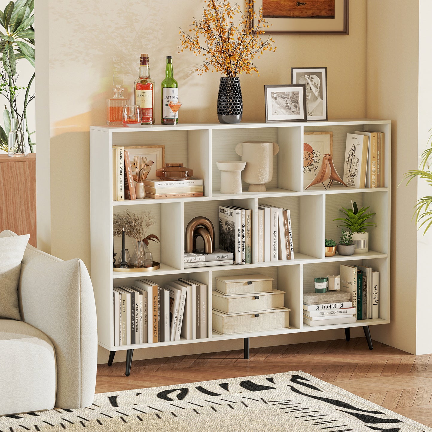 10-Cube Bookcase 140 CM Storage Organizer with 5 Tapered Metal Legs-White