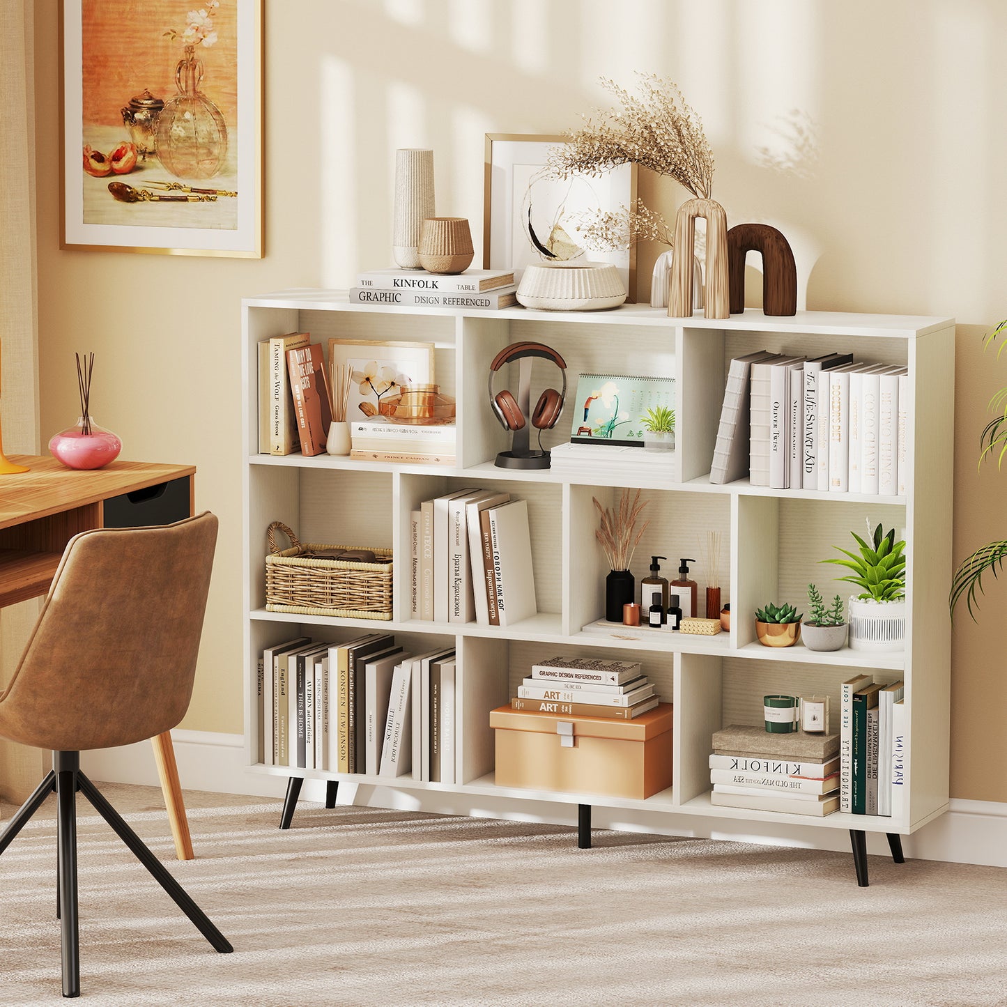 10-Cube Bookcase 140 CM Storage Organizer with 5 Tapered Metal Legs-White