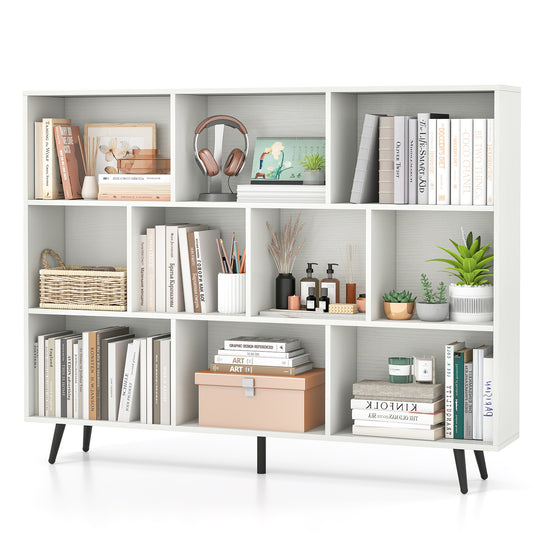 10-Cube Bookcase 140 CM Storage Organizer with 5 Tapered Metal Legs-White