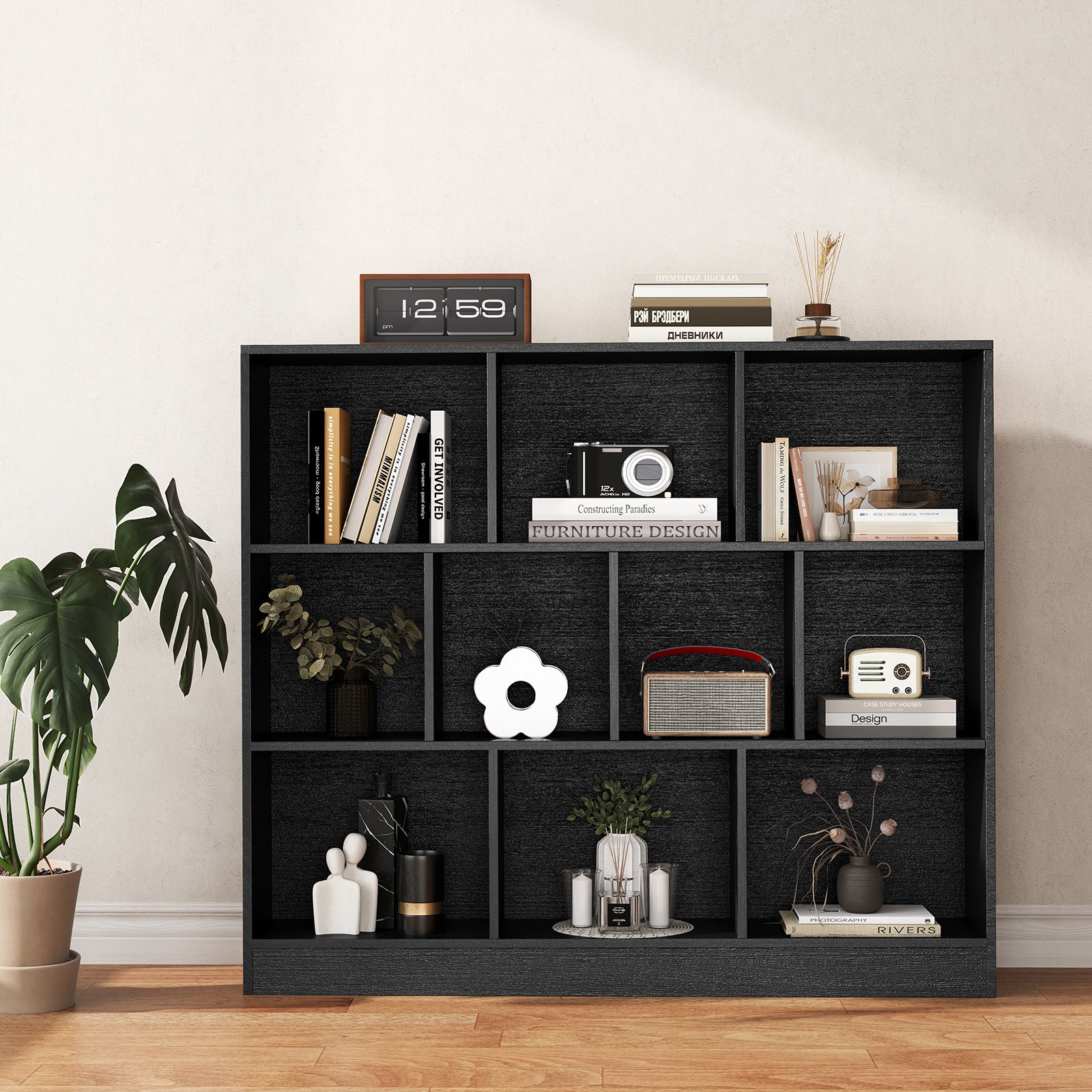 10-Cube Bookshelf Freestanding Storage Organizer with 2 Anti-Tipping Kits-Black
