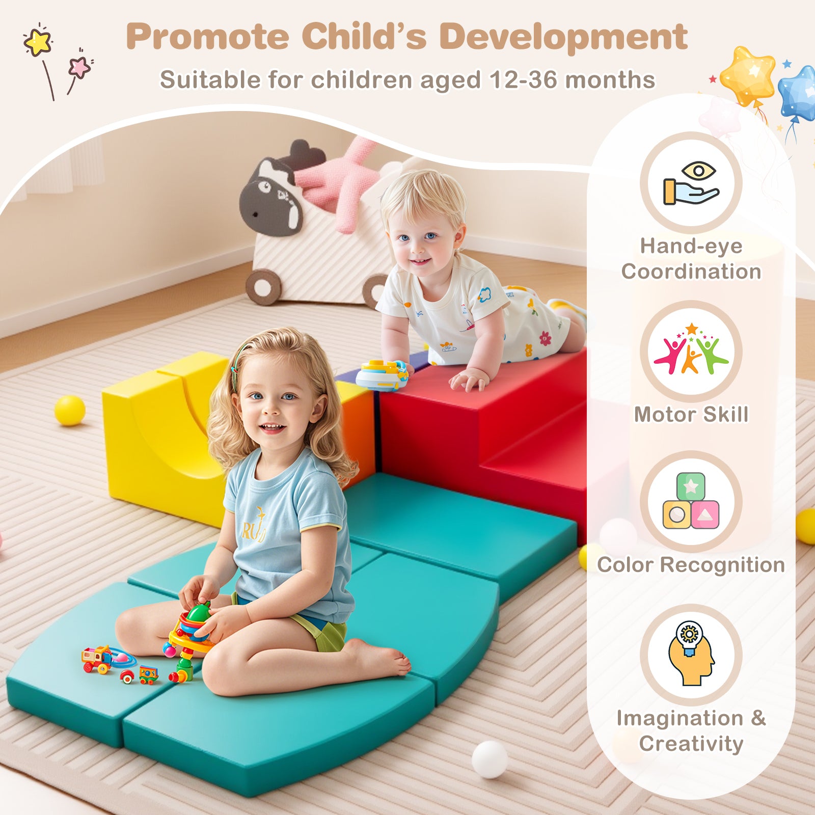 10 Pieces Foam Climbing Blocks Set with PU Leather Surface for 1-3 Years Old-Colourful