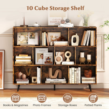 10-Cube Bookcase 140 CM Storage Organizer with 5 Tapered Metal Legs-Coffee