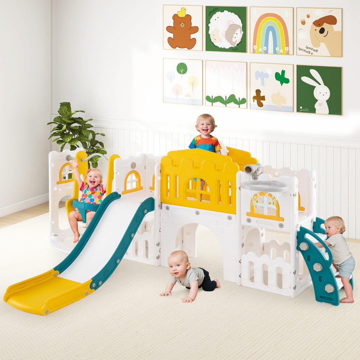 10 in 1 Toddler Swing and Slide Set Kids Indoor Playground-Yellow