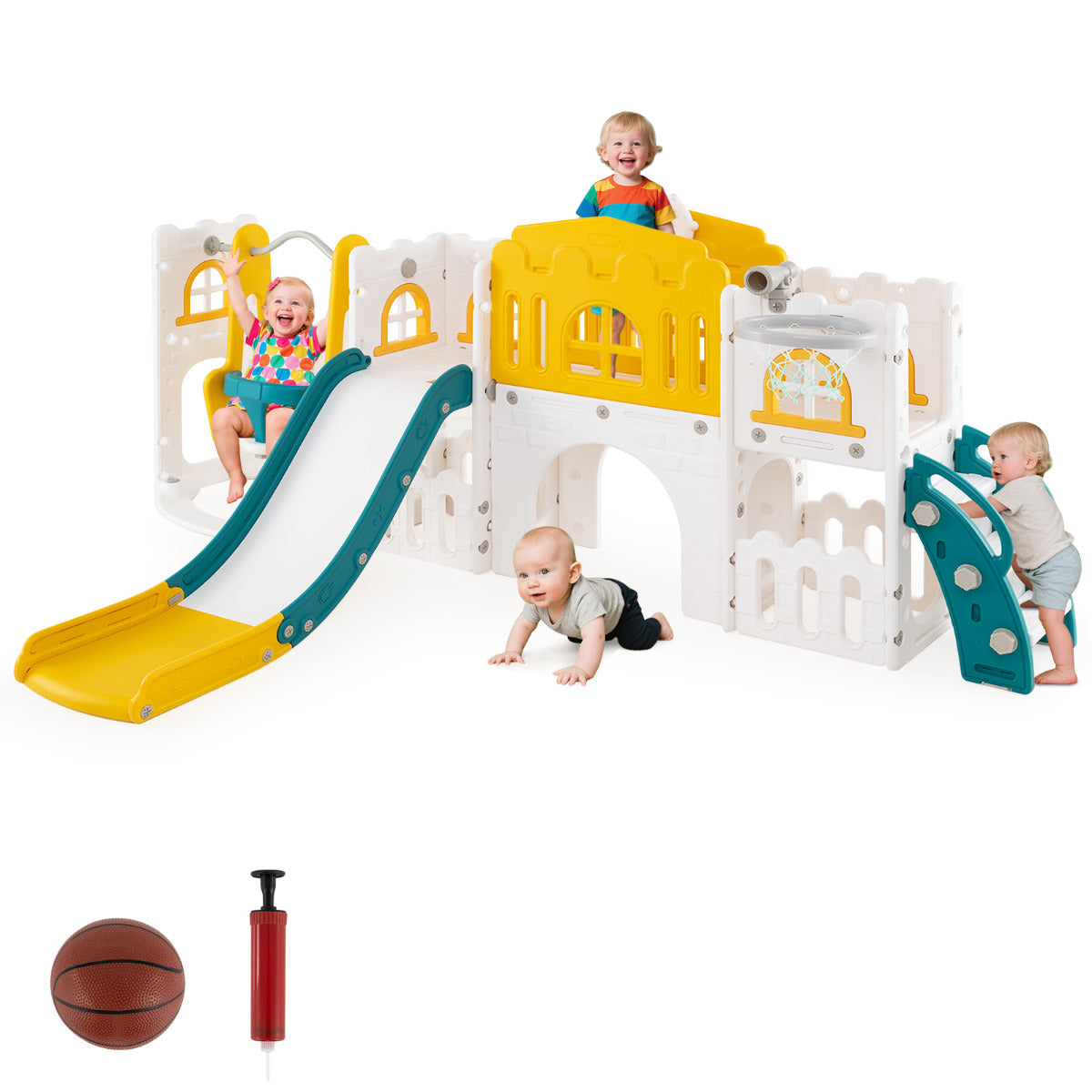 10 in 1 Toddler Swing and Slide Set Kids Indoor Playground-Yellow
