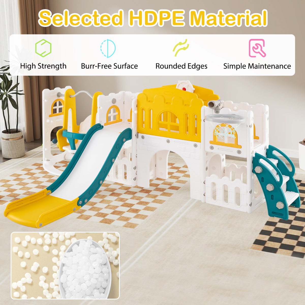 10 in 1 Toddler Swing and Slide Set Kids Indoor Playground-Yellow