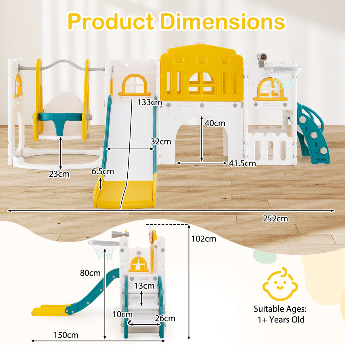 10 in 1 Toddler Swing and Slide Set Kids Indoor Playground-Yellow