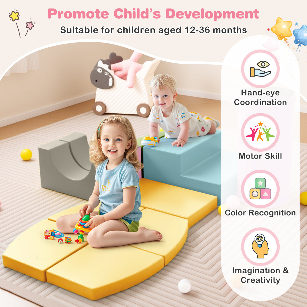 10 Pieces Foam Climbing Blocks Set with PU Leather Surface for 1-3 Years Old-Multicolor