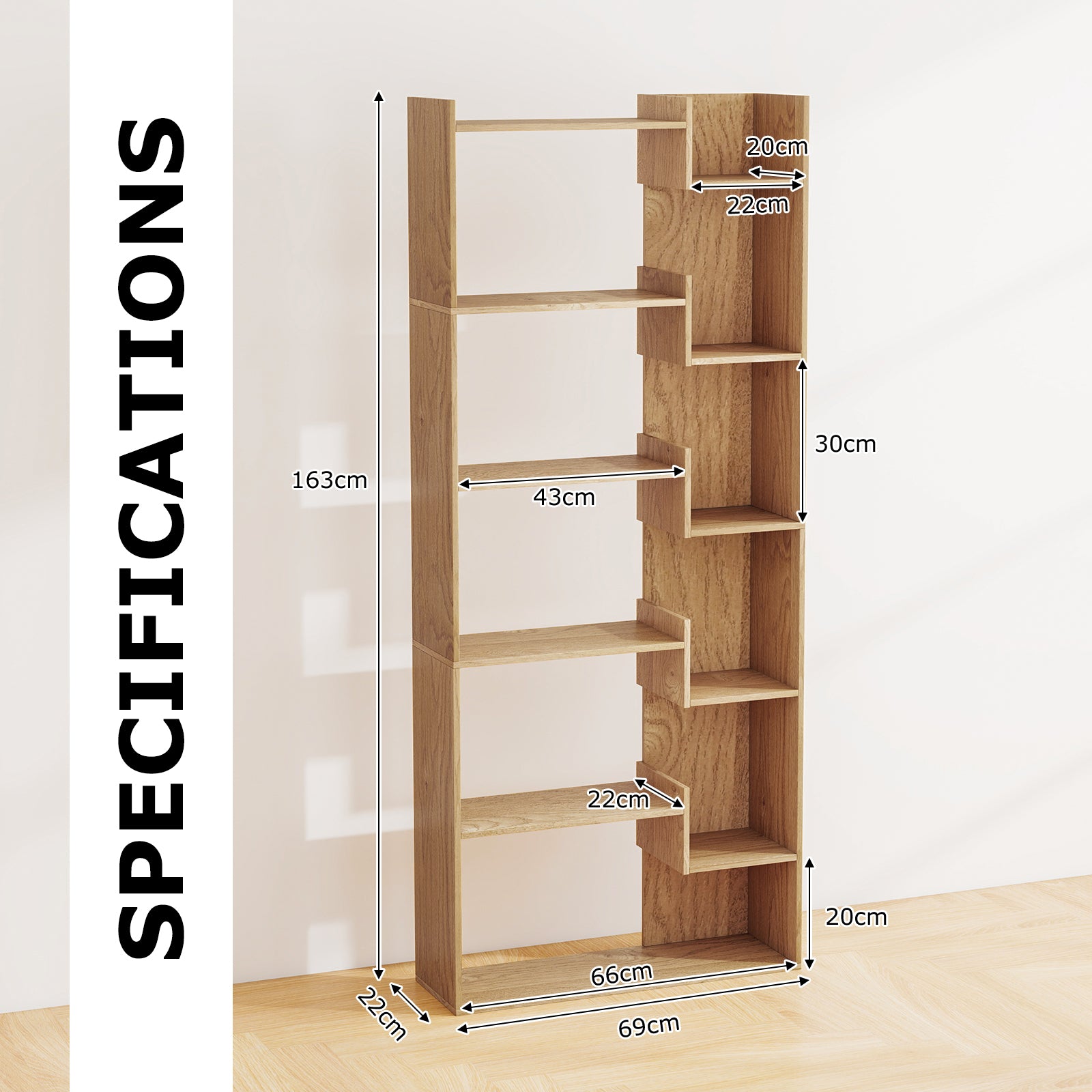 11-Shelf Wooden Bookshelf with 2 Anti-Tipping Kits-Natural