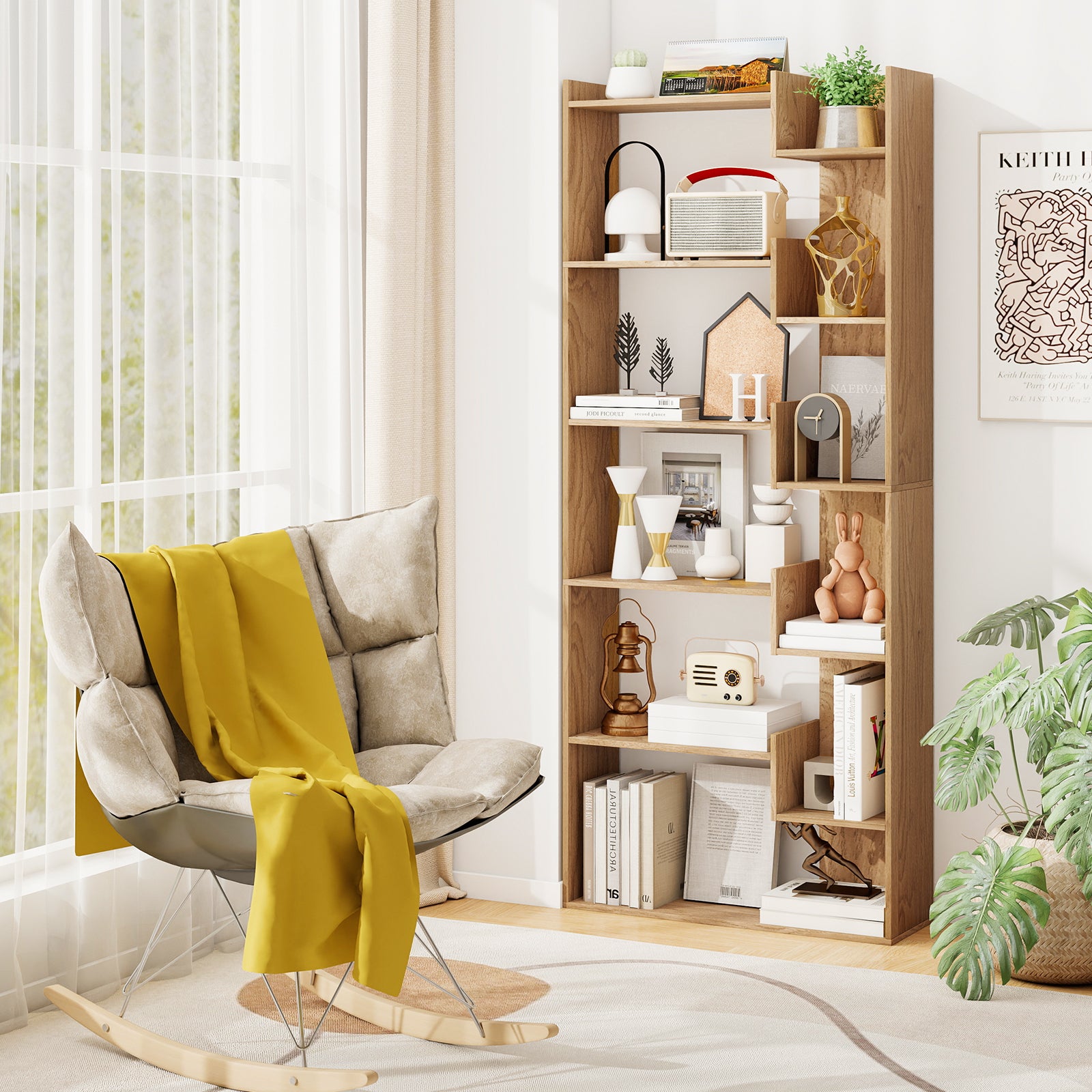 11-Shelf Wooden Bookshelf with 2 Anti-Tipping Kits-Natural