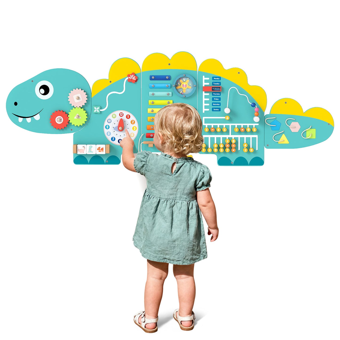 11-in-1 Dinosaur Activity Wall Busy Board Panels for Toddlers-Green