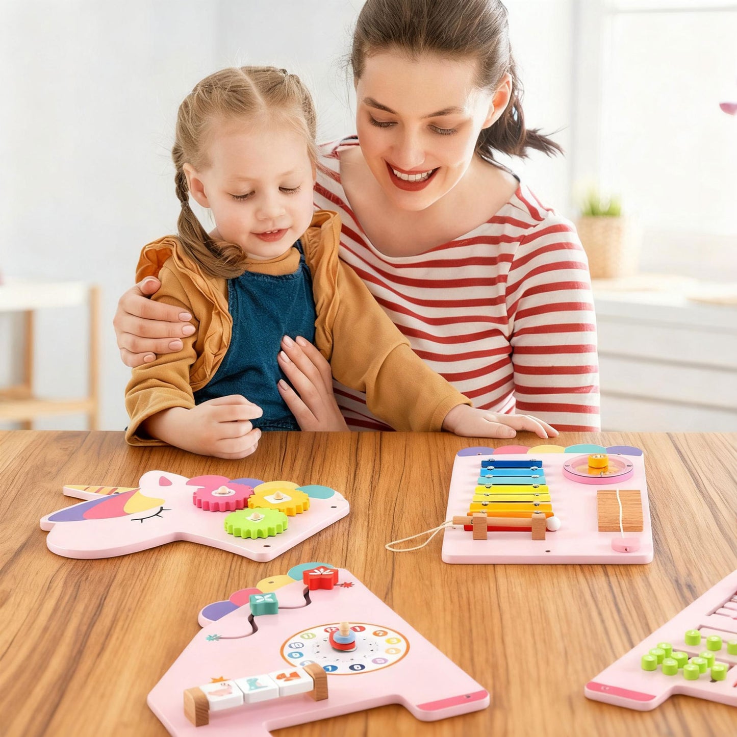 11-in-1 Unicorn Activity Wall Busy Board Panels for Toddlers-Pink