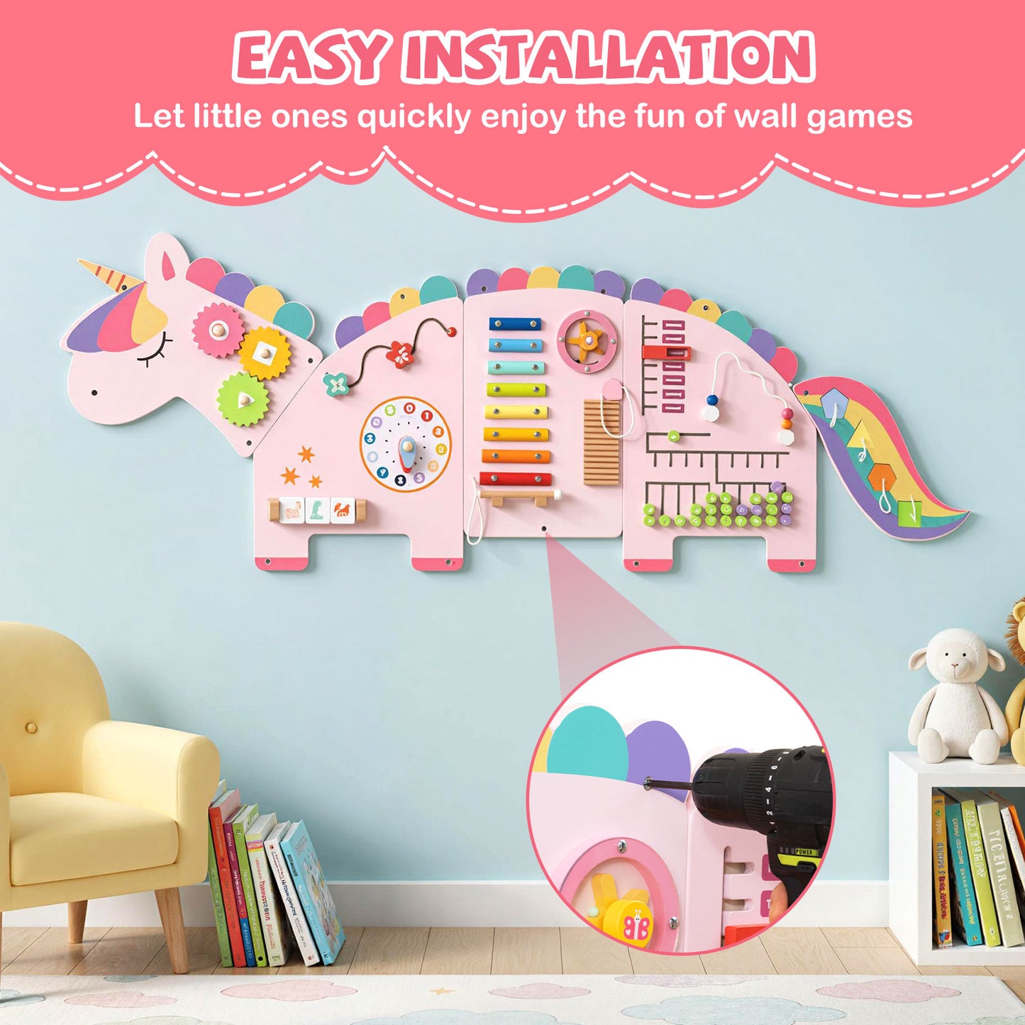11-in-1 Unicorn Activity Wall Busy Board Panels for Toddlers-Pink