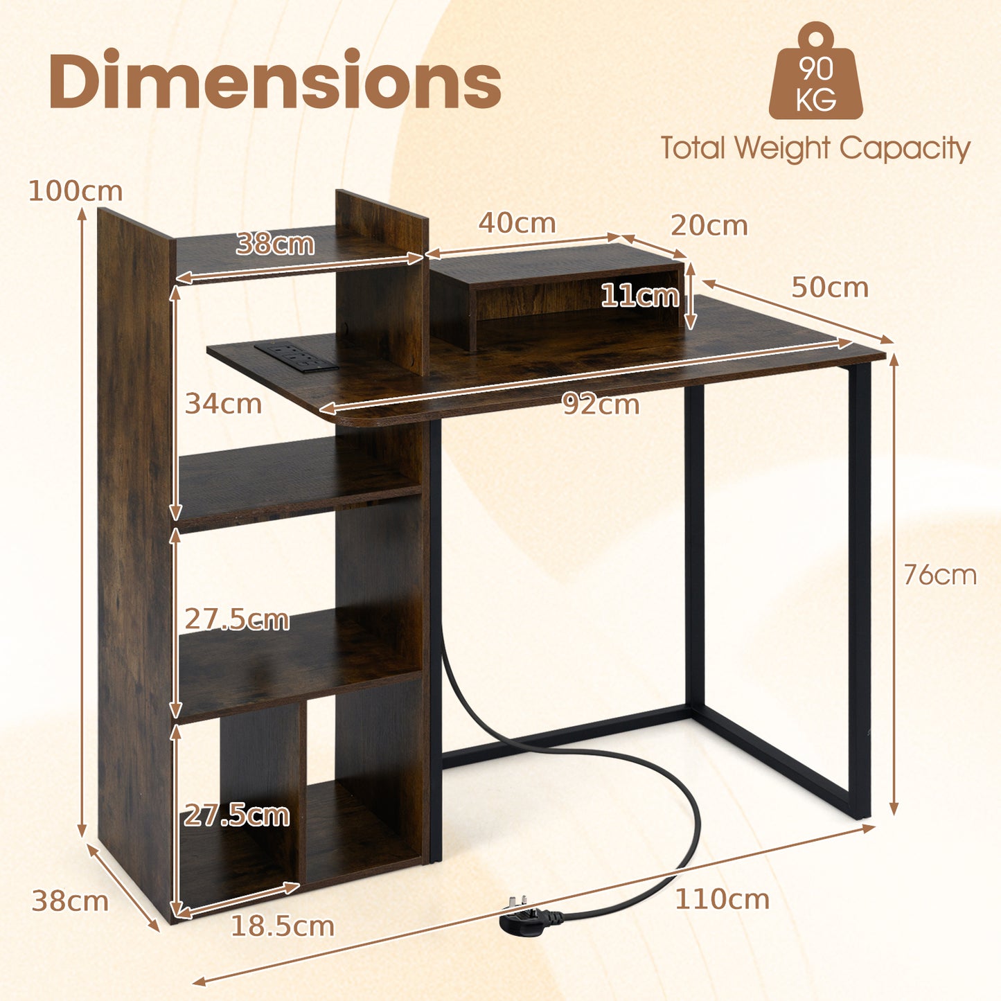 110CM Computer Desk with Charging Station and Ergonomic Monitor Stand-Rustic Brown