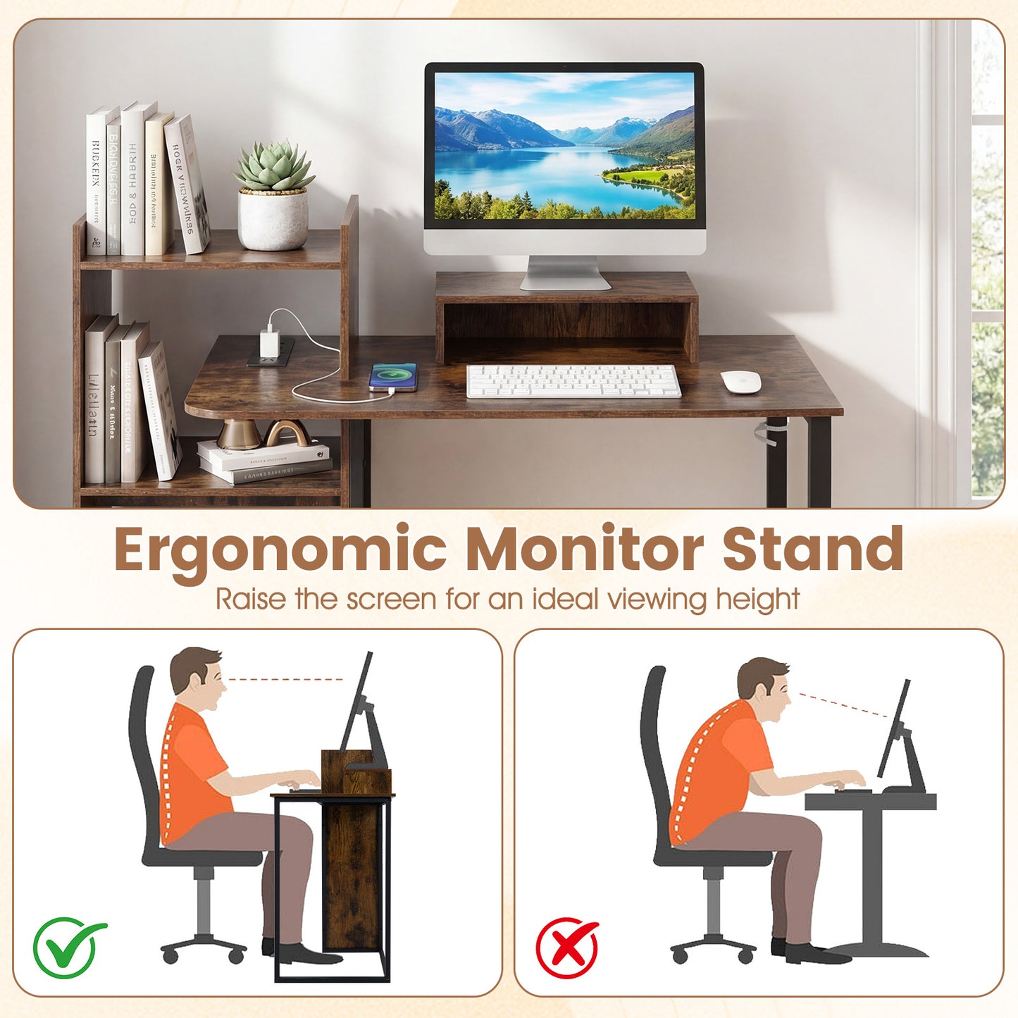 110CM Computer Desk with Charging Station and Ergonomic Monitor Stand-Rustic Brown
