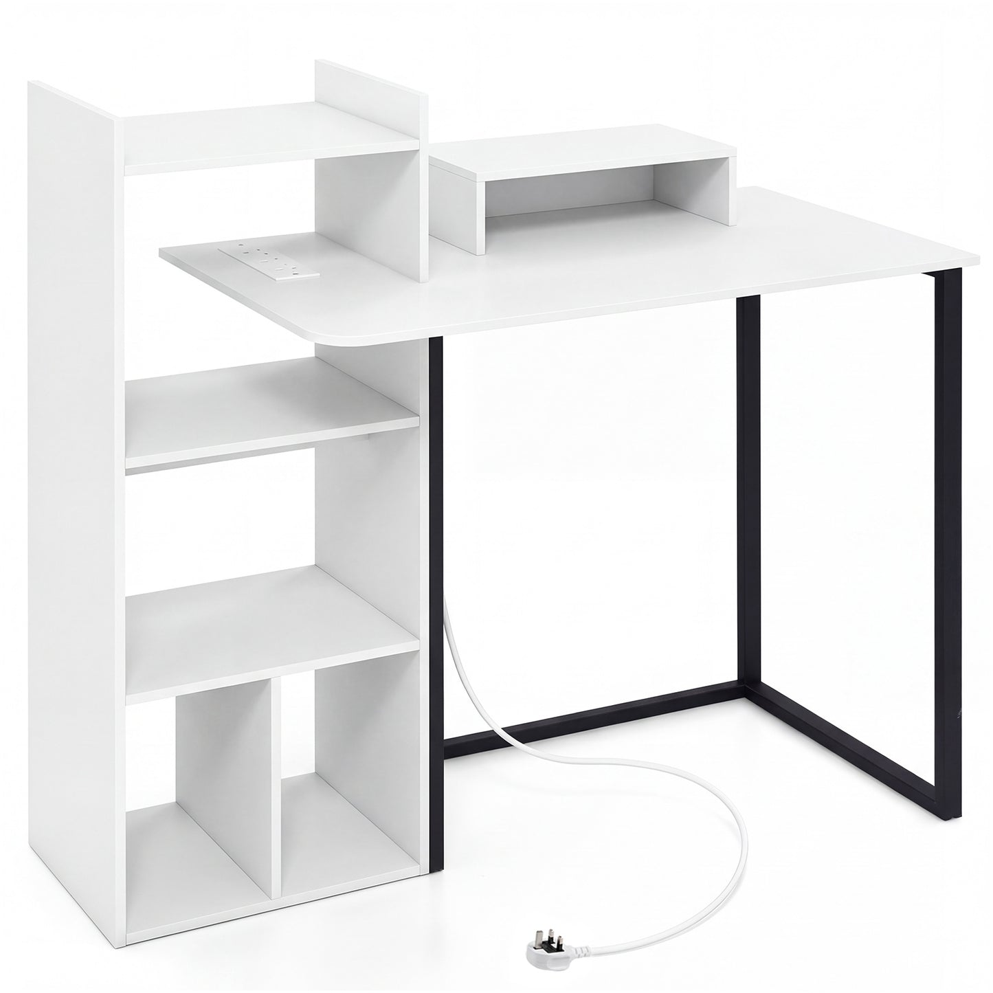 110CM Computer Desk with Charging Station and Ergonomic Monitor Stand-White