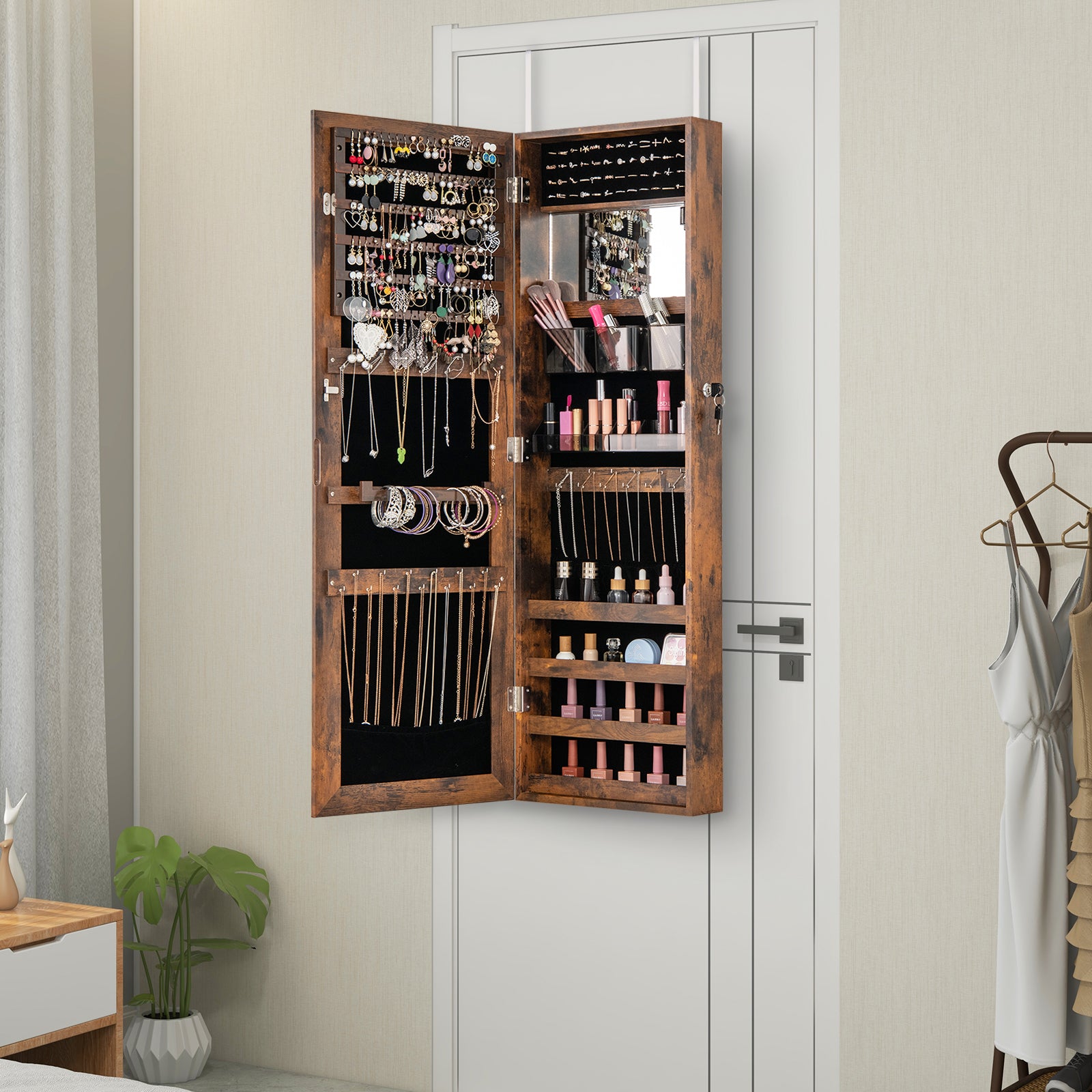 110 cm Jewelry Mirror Cabinet with Full-length Mirror and Interior Makeup Mirror-Rustic Brown