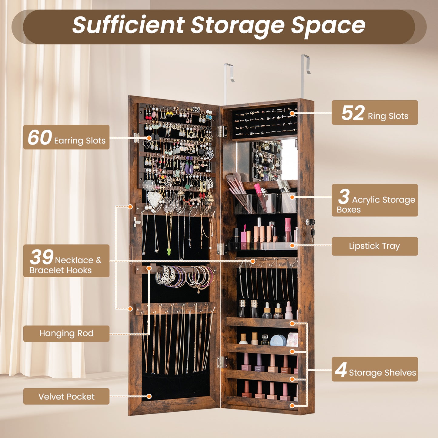 110 cm Jewelry Mirror Cabinet with Full-length Mirror and Interior Makeup Mirror-Rustic Brown