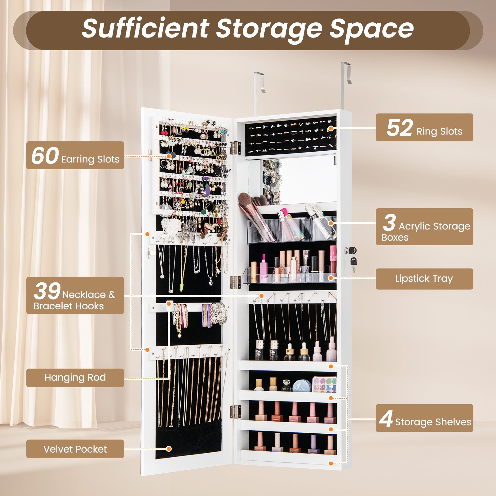 110 cm Jewelry Mirror Cabinet with Full-length Mirror and Interior Makeup Mirror-White