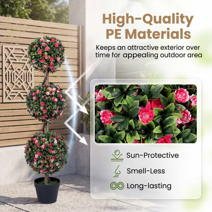 110cm Artificial Triple Ball Rose Topiary Tree with Lifelike Blooms and Green Leaves