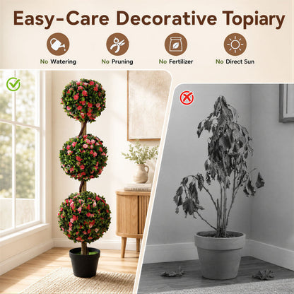 110cm Artificial Triple Ball Rose Topiary Tree with Lifelike Blooms and Green Leaves