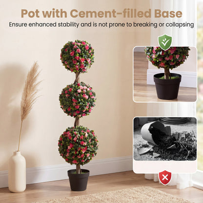 110cm Artificial Triple Ball Rose Topiary Tree with Lifelike Blooms and Green Leaves