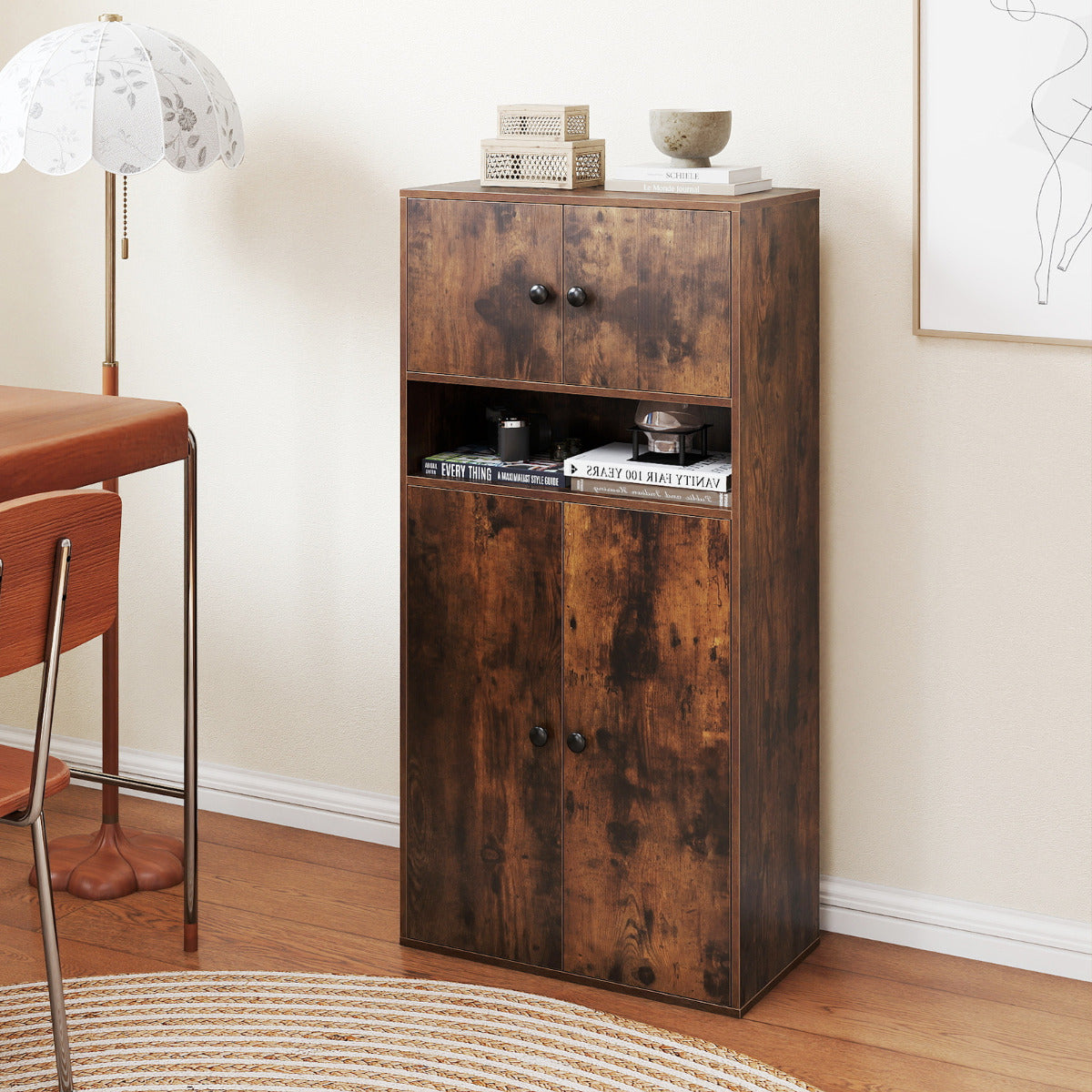 111 cm Tall Bookcase with 4 Doors 4-Tier Modern Storage Organizer with and Adjustable Shelf-Rustic Brown