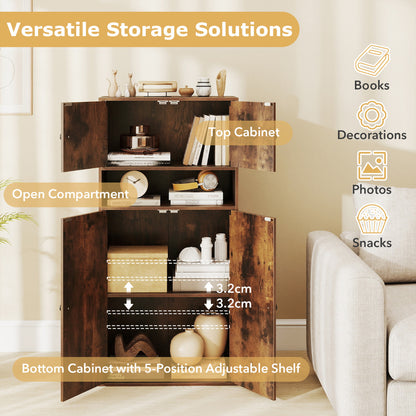 111 cm Tall Bookcase with 4 Doors 4-Tier Modern Storage Organizer with and Adjustable Shelf-Rustic Brown