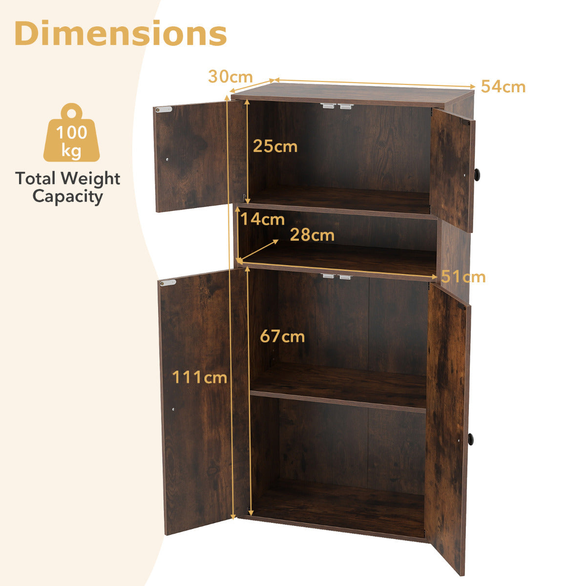 111 cm Tall Bookcase with 4 Doors 4-Tier Modern Storage Organizer with and Adjustable Shelf-Rustic Brown