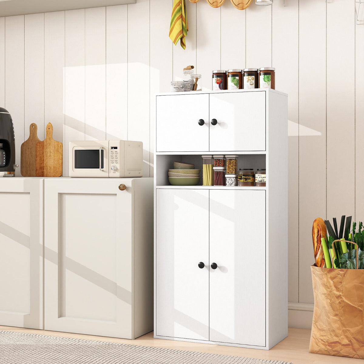 111 cm Tall Bookcase with 4 Doors 4-Tier Modern Storage Organizer with and Adjustable Shelf-White