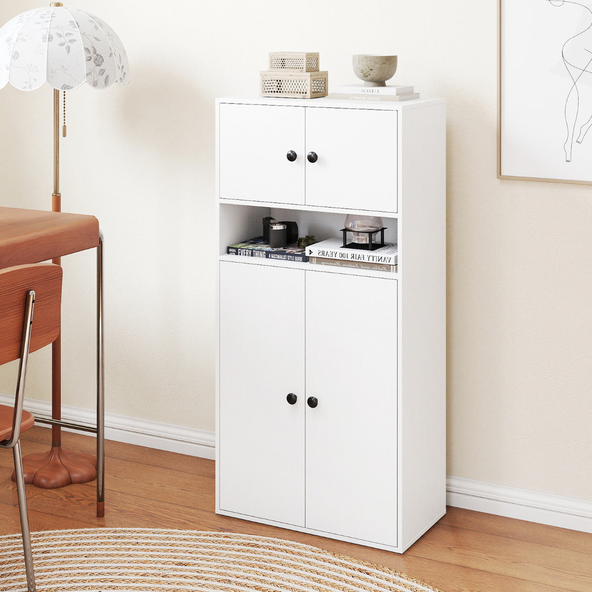 111 cm Tall Bookcase with 4 Doors 4-Tier Modern Storage Organizer with and Adjustable Shelf-White