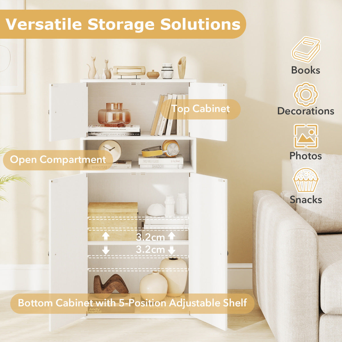111 cm Tall Bookcase with 4 Doors 4-Tier Modern Storage Organizer with and Adjustable Shelf-White