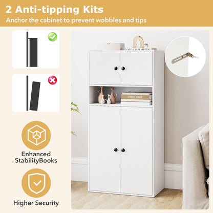 111 cm Tall Bookcase with 4 Doors 4-Tier Modern Storage Organizer with and Adjustable Shelf-White