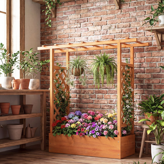 114cm Tall Wooden Raised Garden Bed with Side Trellis and Hanging Roof-Orange