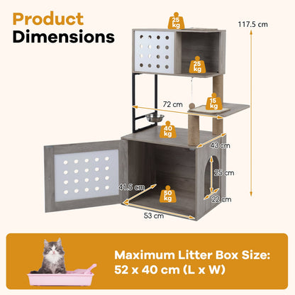 117.5 cm Modern Cat Tower Cabinet with Sisal Scratching Posts and Hanging Ball-Grey