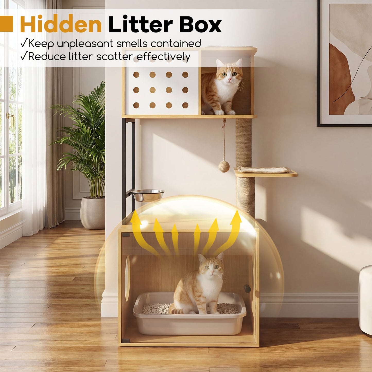 117.5 cm Modern Cat Tower Cabinet with Sisal Scratching Posts and Hanging Ball-Natrual