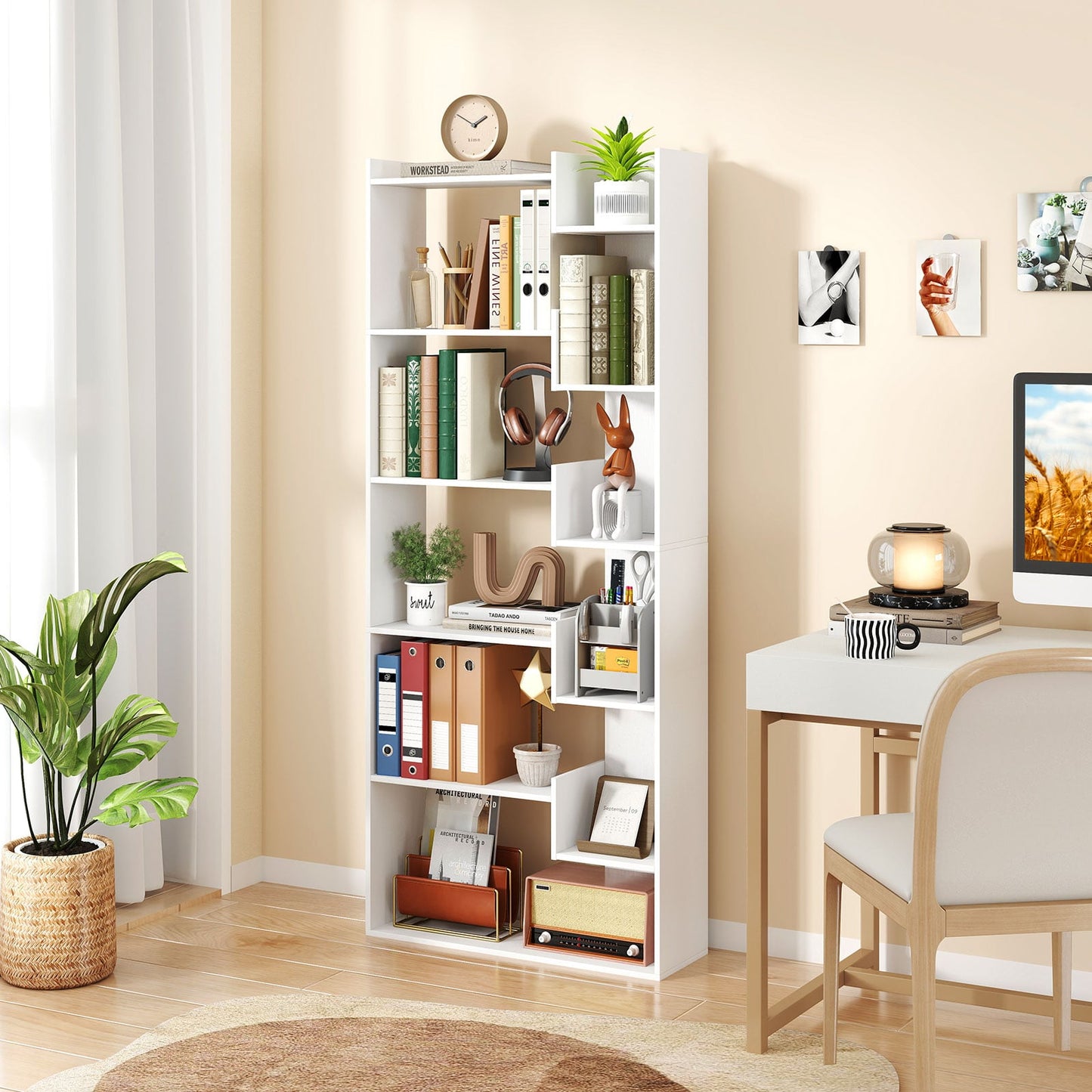 11-Shelf Wooden Bookshelf with 2 Anti-Tipping Kits-White
