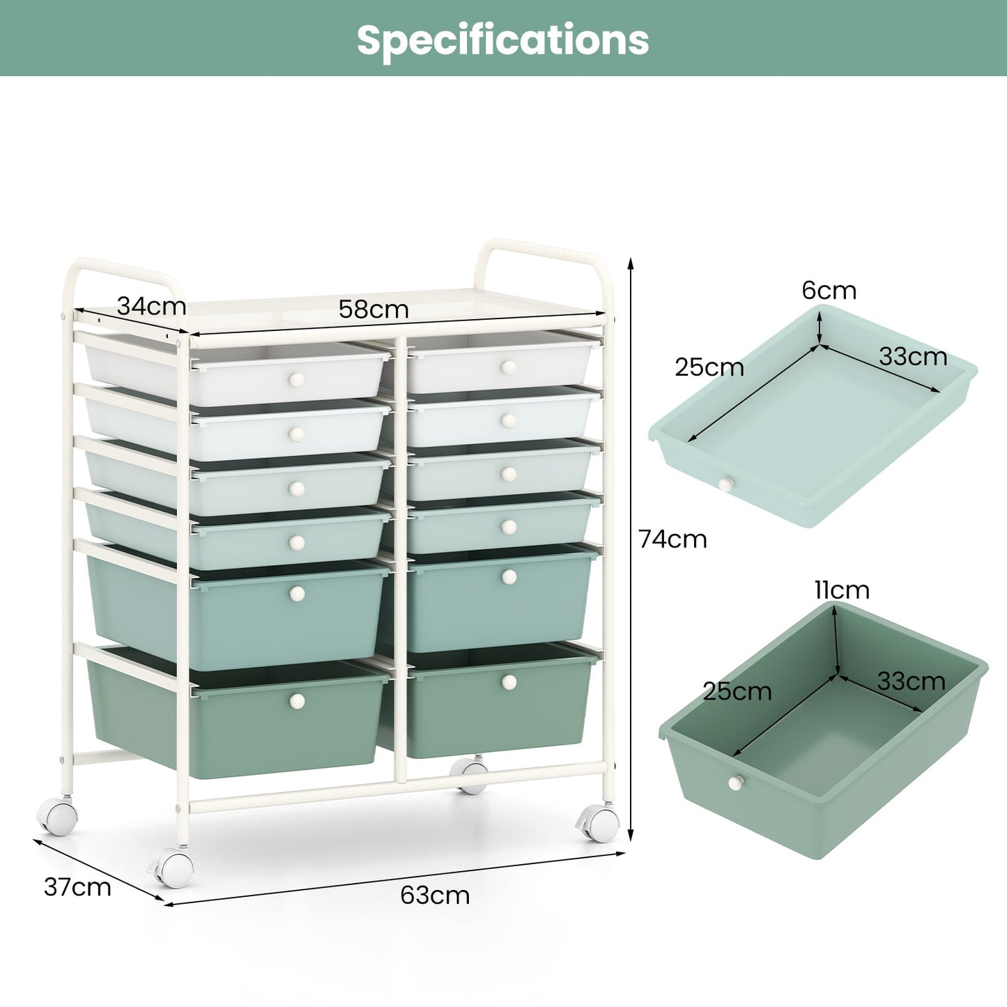 12 Drawers Rolling Storage Cart with 4 Wheels and Brakes-Green