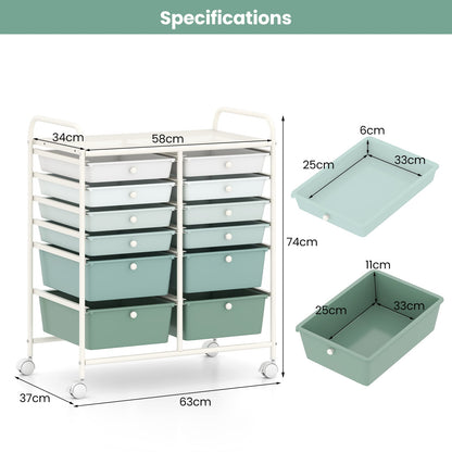 12 Drawers Rolling Storage Cart with 4 Wheels and Brakes-Green