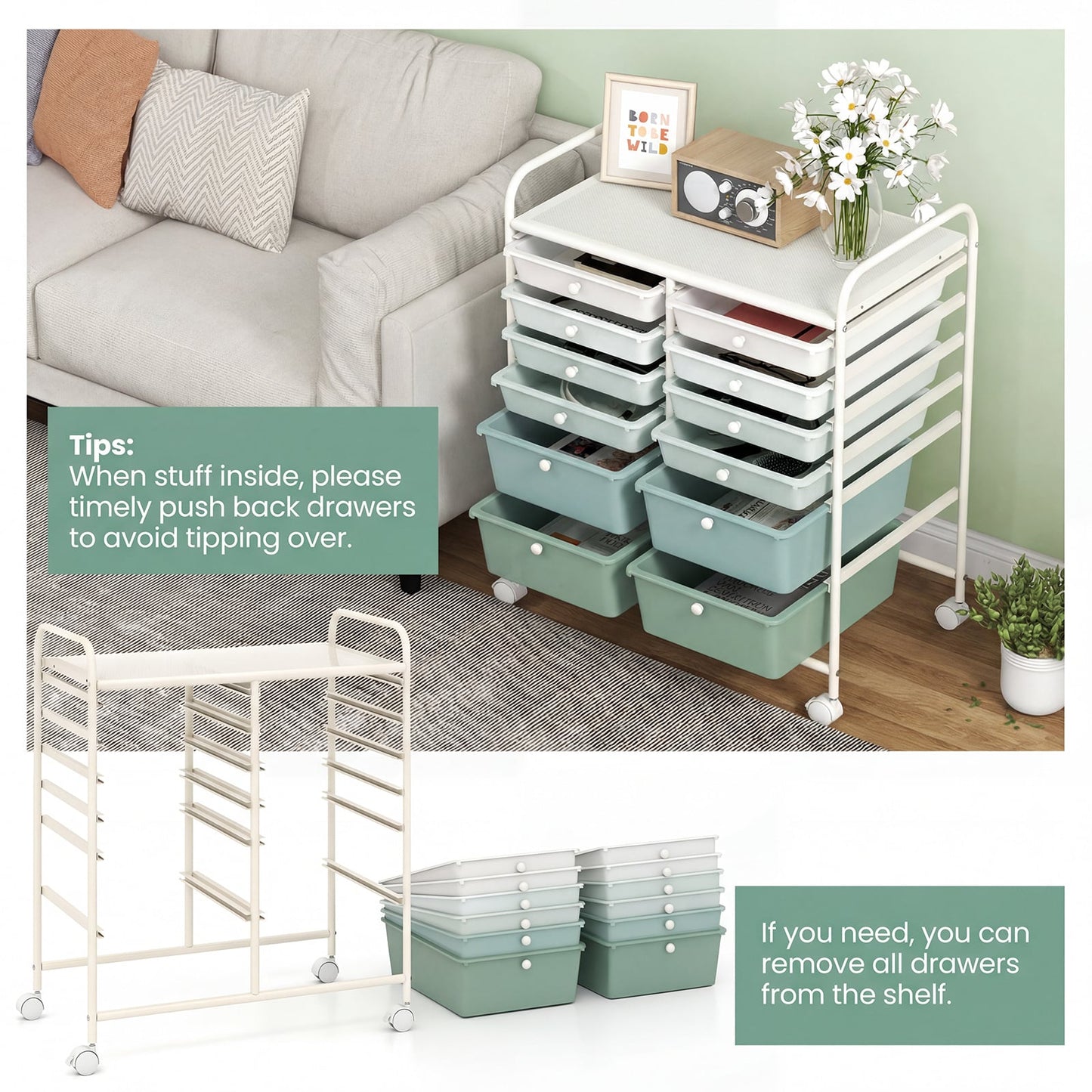 12 Drawers Rolling Storage Cart with 4 Wheels and Brakes-Green