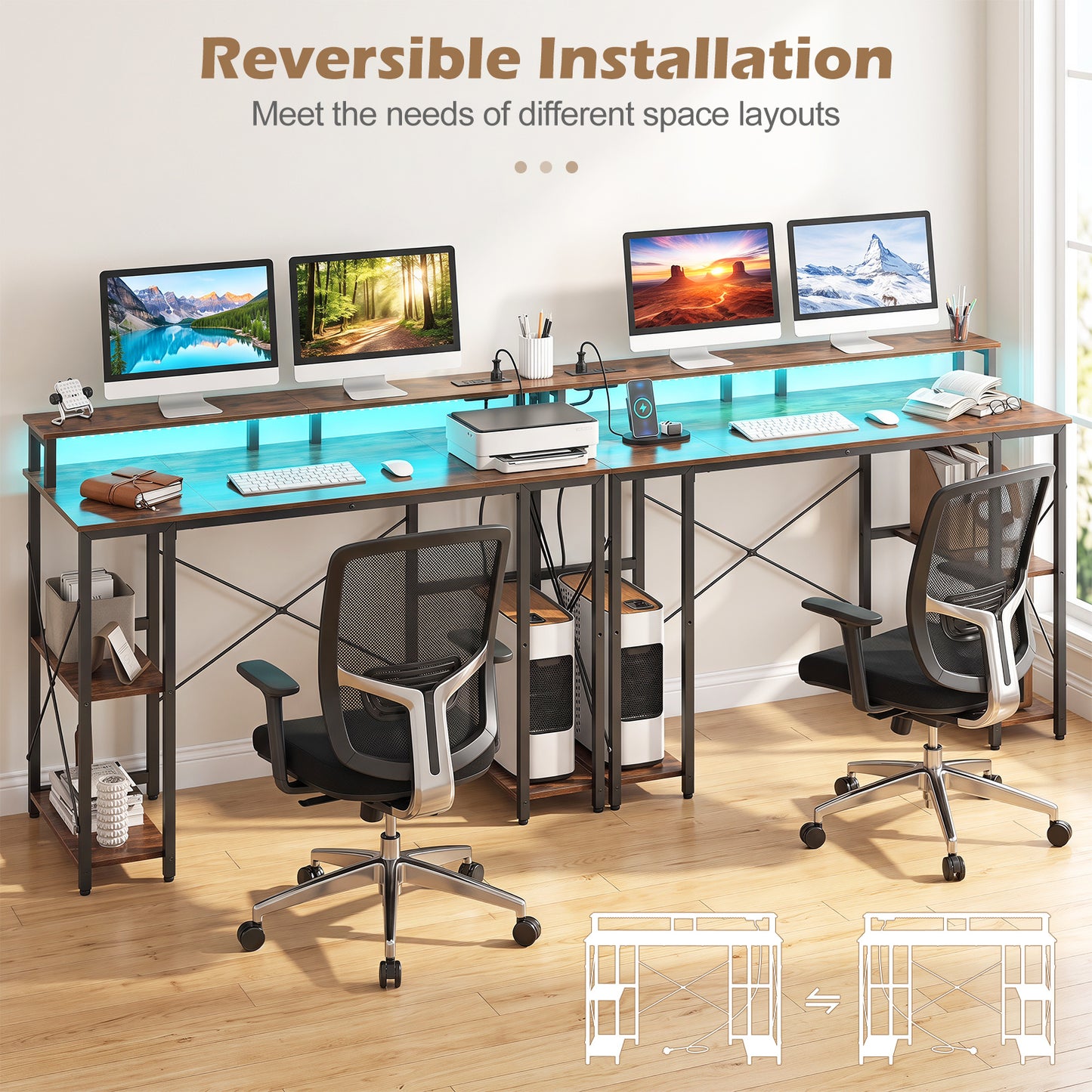 120 cm Computer Desk with Charging Station LED Lights and Storage Shelves-Rustic Brown