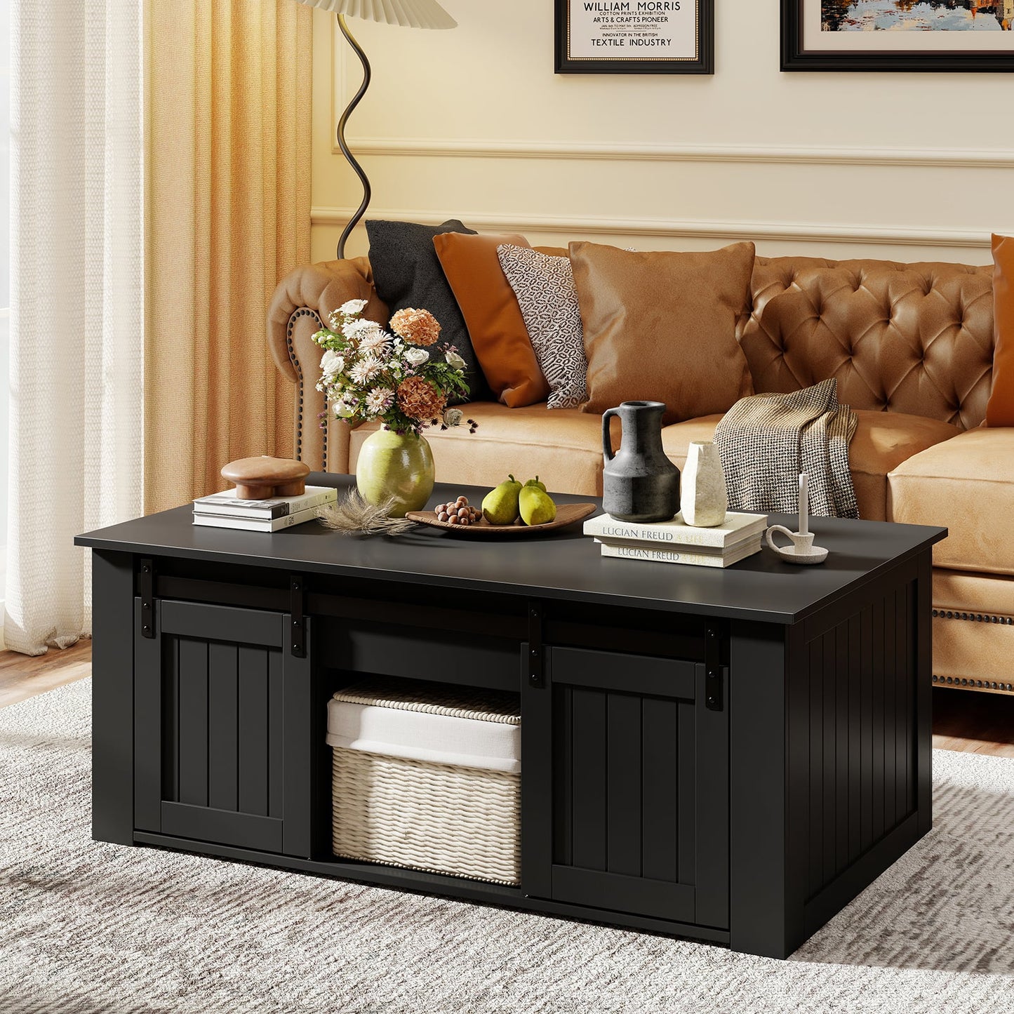 120 cm Lift Top Coffee Table with Barn Sliding Doors and Cabinets for Living Room-Blck
