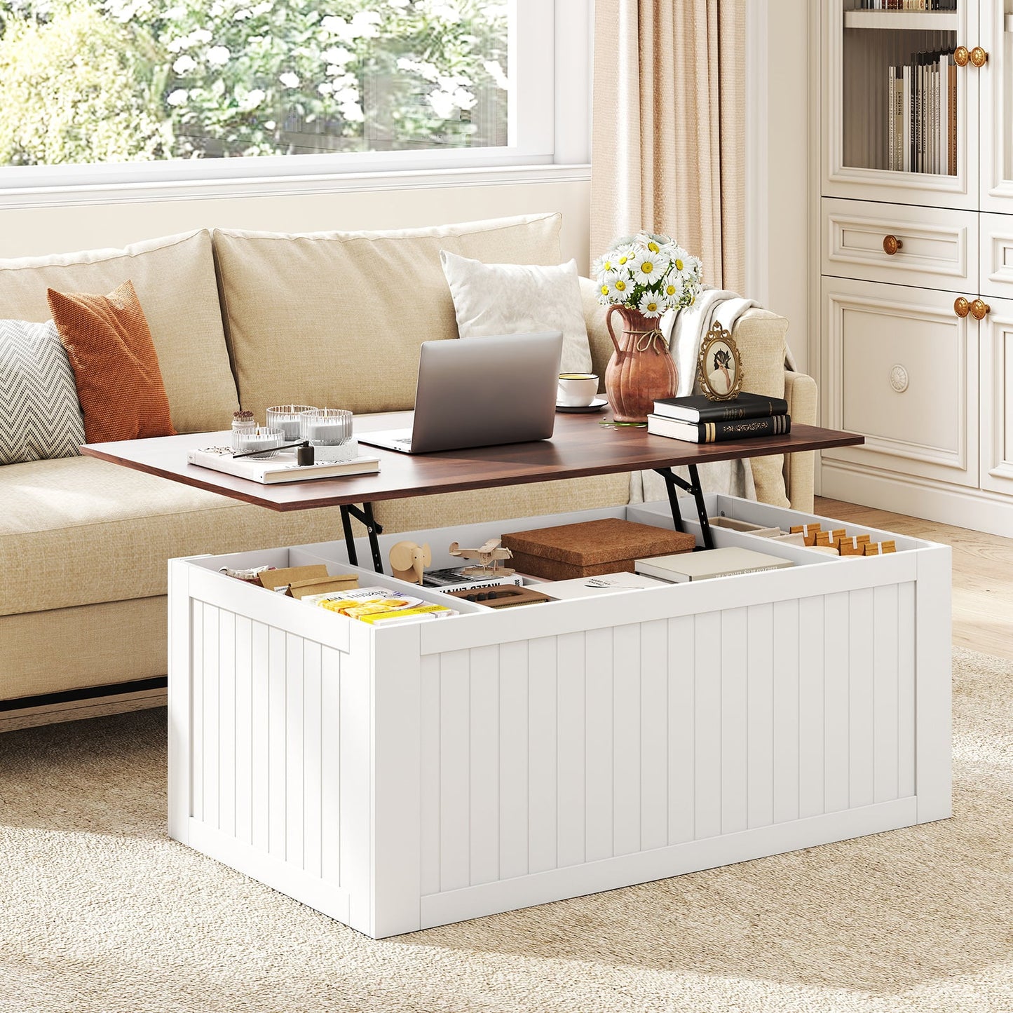 120 cm Lift Top Coffee Table with Barn Sliding Doors and Cabinets for Living Room-White
