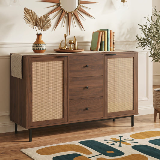 120 cm Sideboard Buffet Cabinet with Storage 2 Rattan Doors and 3 Drawers-Brown