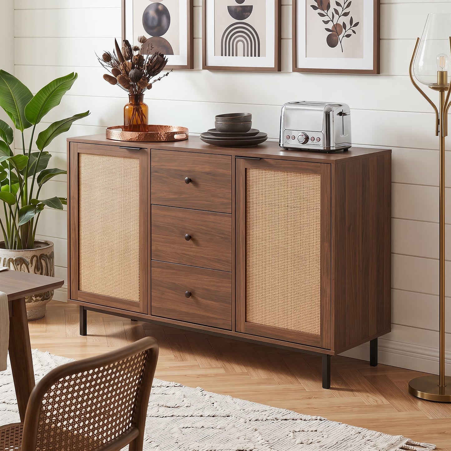 120 cm Sideboard Buffet Cabinet with Storage 2 Rattan Doors and 3 Drawers-Brown