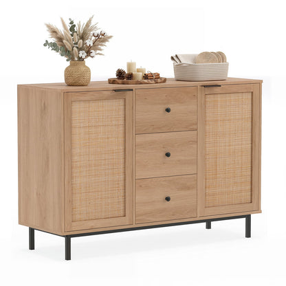 120 cm Sideboard Buffet Cabinet with Storage 2 Rattan Doors and 3 Drawers-Natrual