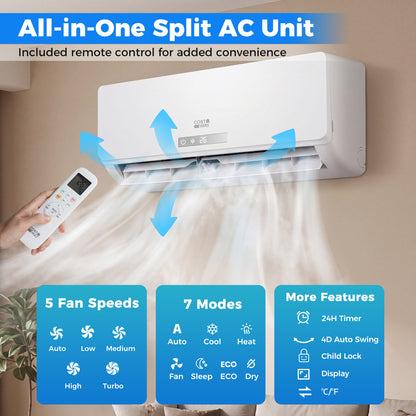 12000 BTU Mini Split Air Conditioner & Heater A++ Energy Efficient Inverter Split AC