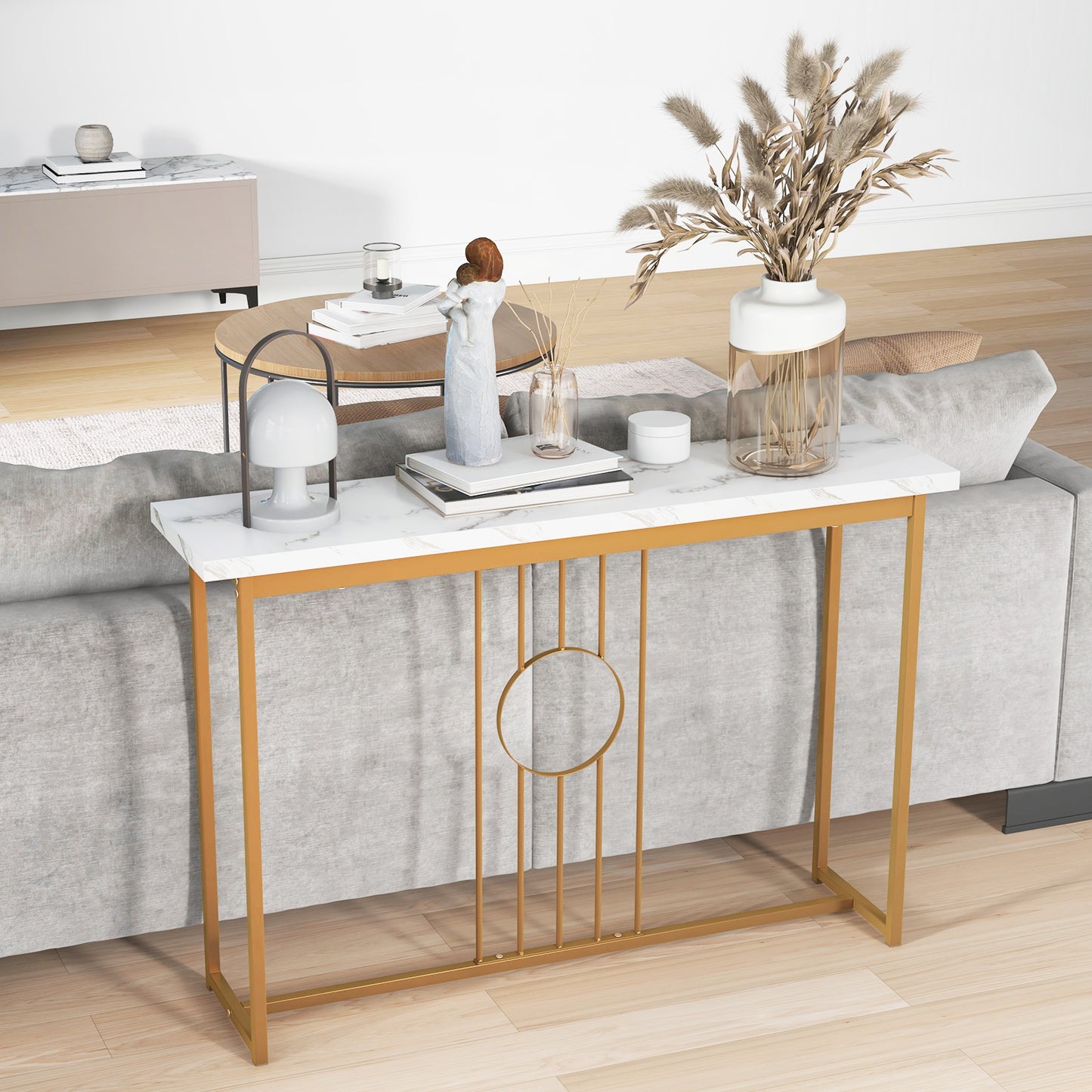 120cm Modern Faux Marble Top Console Table with Heavy-duty Metal Frame-White