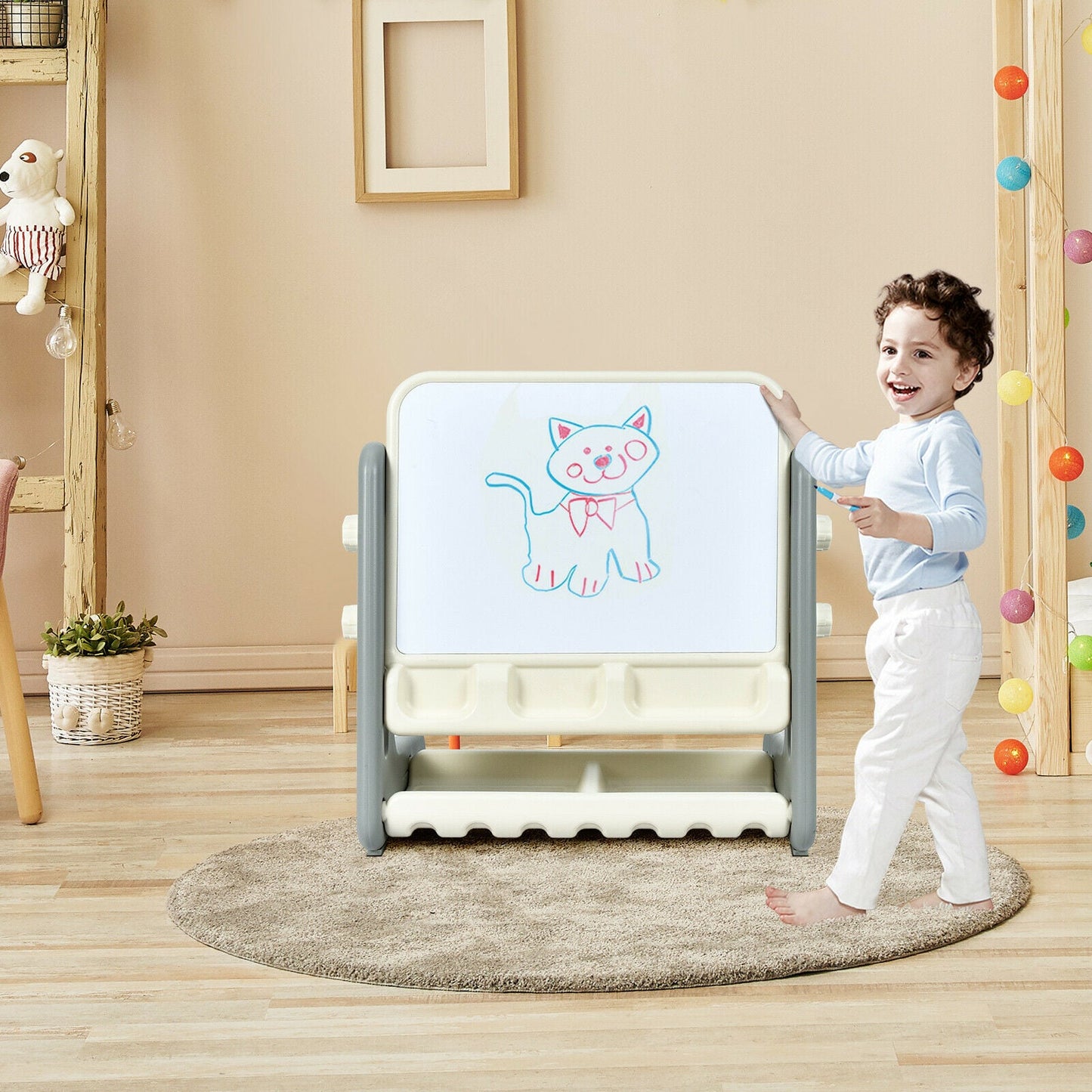 Children's Art Easel / Table and Chair Set with Ample Storage Space-Grey